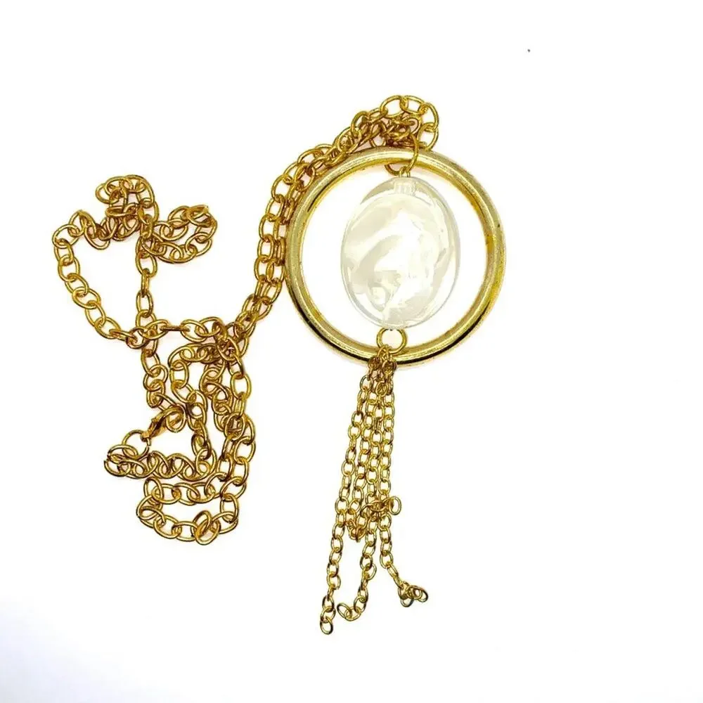 Gold-Tone Smoky White Pendant Stone Float Necklace